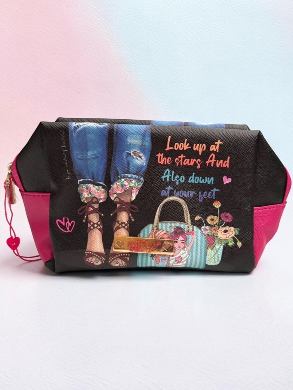 Nikky by Nicole Lee Black & Pink Makeup Bag With Inspirational Quote And Floral
